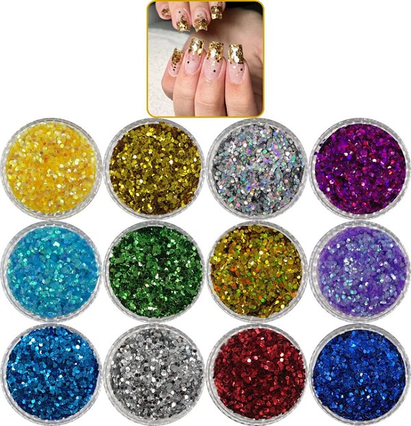 Kit 12 Glitter Nail Art Decoração de Unhas Postiças Realista Acrigel Uv Led