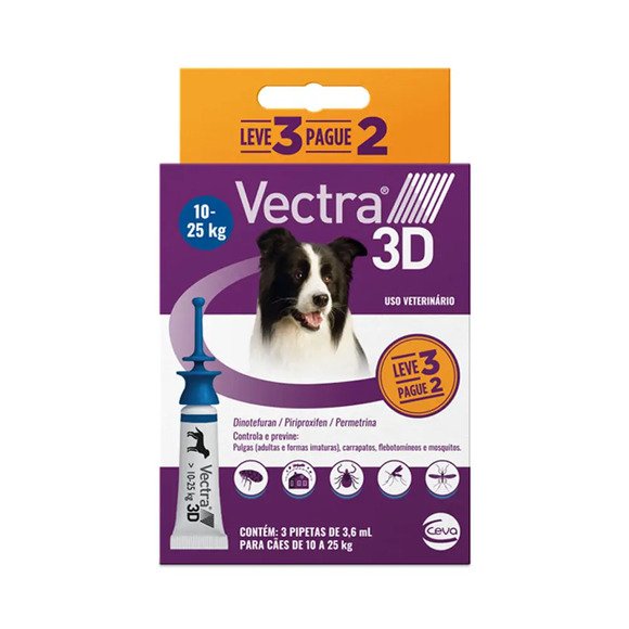 Antipulgas Vectra 3D Cães 10 a 25 kg Ceva 3,6 ml Leve 3 Pague 2 3 pipetas