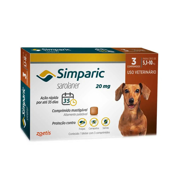 Antipulgas Simparic 5 a 10kg Cães 20mg 3 comprimidos