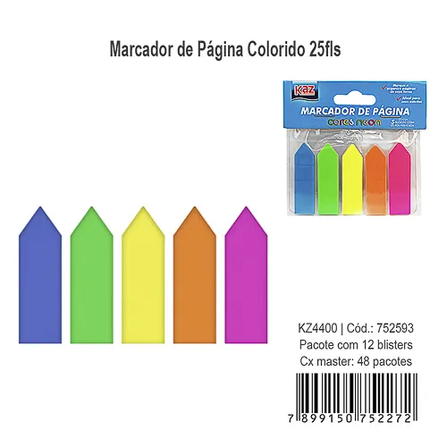 MARCADOR DE PÁGINA CORES NEON SETA - 5 BLOCOS C/ 25 FOLHAS CADA - KAZ