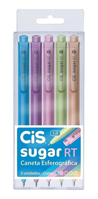 CANETA ESFEROGRÁFICA SUGAR RT - RETRATIL 1.0MM - C/5 CORES - CIS