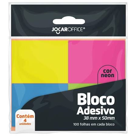 BLOCO ADESIVO - C/4 BLOCOS NEON - JOCAR OFFICE - 4 CORES - AZUL,ROSA,AMARELO,VERDE
