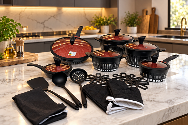 Conjunto Gourmet Antiaderente 22 Peças - Preta