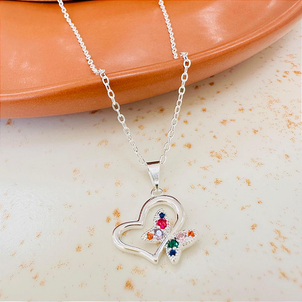 Colar Cadeadinho Com Ping Borboleta Cravejada - 45 cm