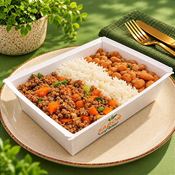 Carne moída c/ cenoura e vagem + Arroz e Feijão