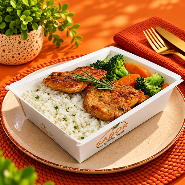 Filé mignon suíno com toque de laranja + Arroz + Cenoura e brócolis