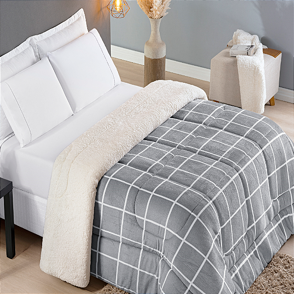 Coberdrom Queen Dupla Face Estampado de Sherpa Edredom Austin - Cinza