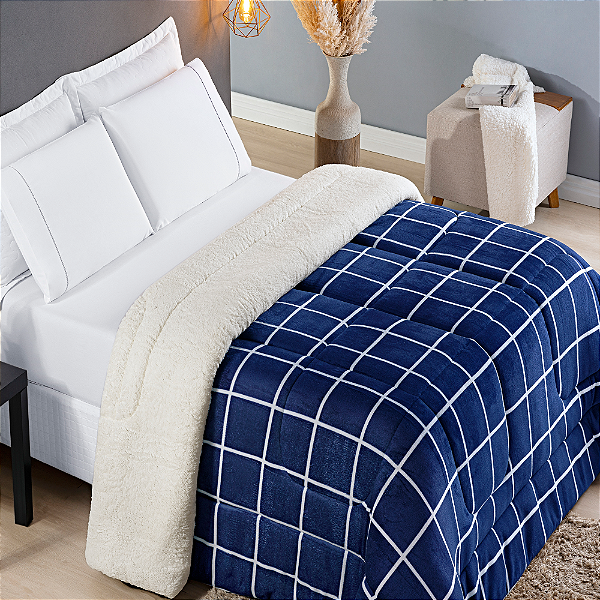 Coberdrom Queen Dupla Face Estampado de Sherpa Edredom Austin -  Marinho
