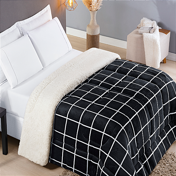 Coberdrom Queen Dupla Face Estampado de Sherpa Edredom Austin -  Preto