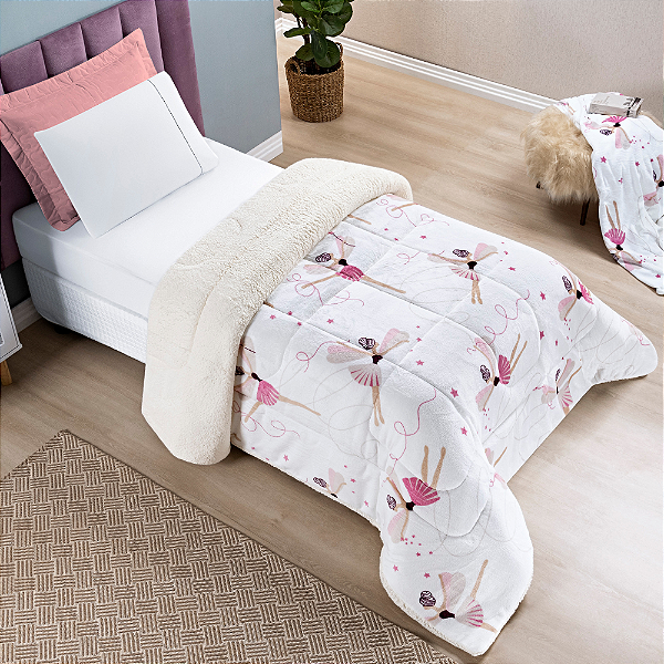 Coberdrom Edredom Solteiro Infantil de Sherpa Dupla Face Bouti Kids - Bailarina