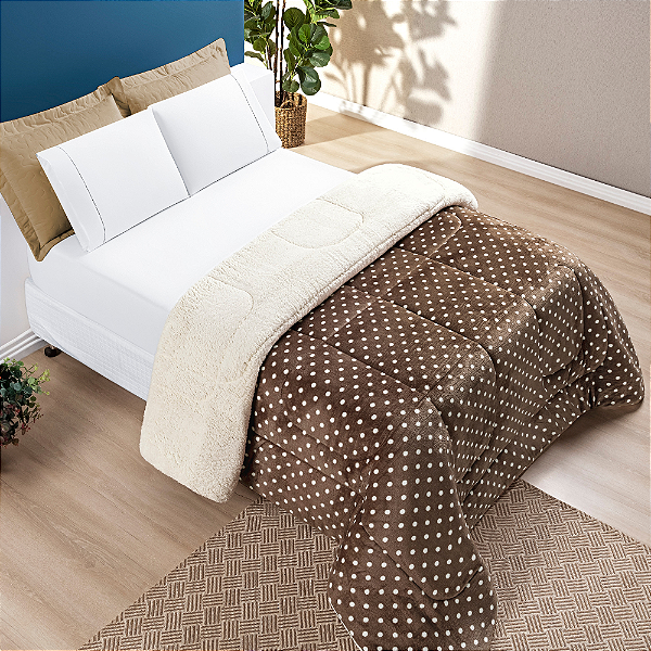 Coberdrom King Dupla Face Estampado de Sherpa Edredom Petit Poá - Cáqui