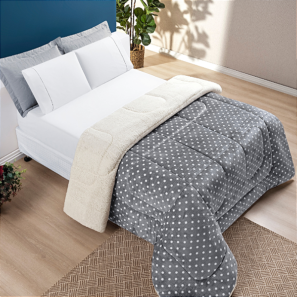 Coberdrom Queen Dupla Face Estampado de Sherpa Edredom Petit Poá - Cinza