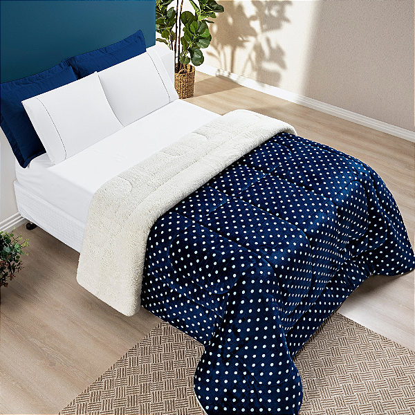 Coberdrom Queen Dupla Face Estampado de Sherpa Edredom Petit Poá - Marinho