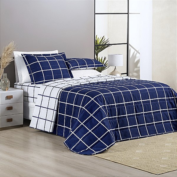 Cobre Leito Queen 03 Peças Dupla Face 200 Fios Estampado Austin - Marinho