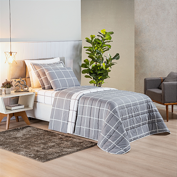 Cobre Leito Solteiro 03 Peças Dupla Face 200 Fios Estampado Austin - Cinza