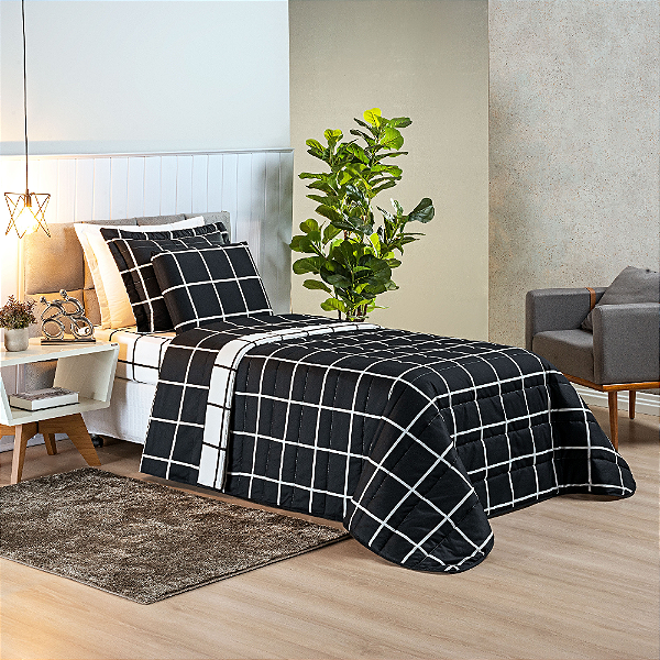 Cobre Leito Solteiro 03 Peças Dupla Face 200 Fios Estampado Austin - Preto