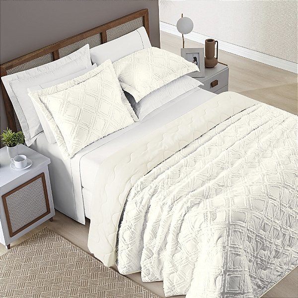 Cobre Leito Casal Padrão 03 peças Dupla Face 300 Fios Aveline - Off White