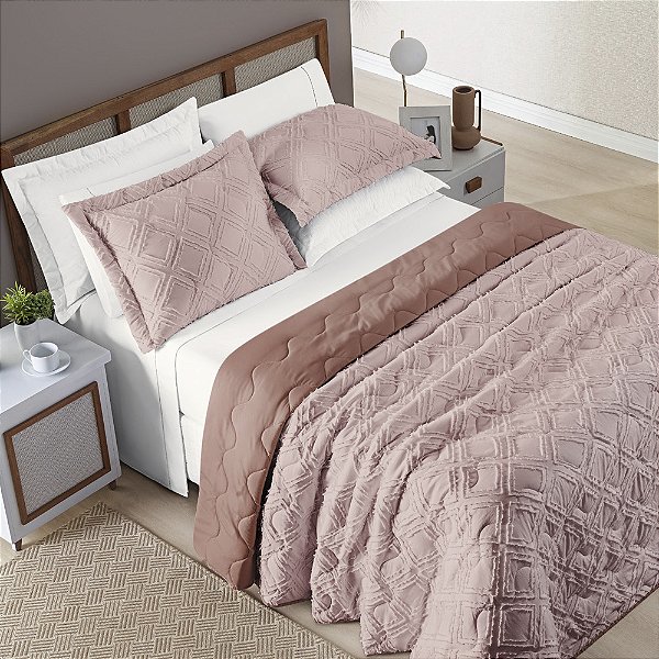 Cobre Leito Casal Padrão 03 peças Dupla Face 300 Fios Aveline - Rosê