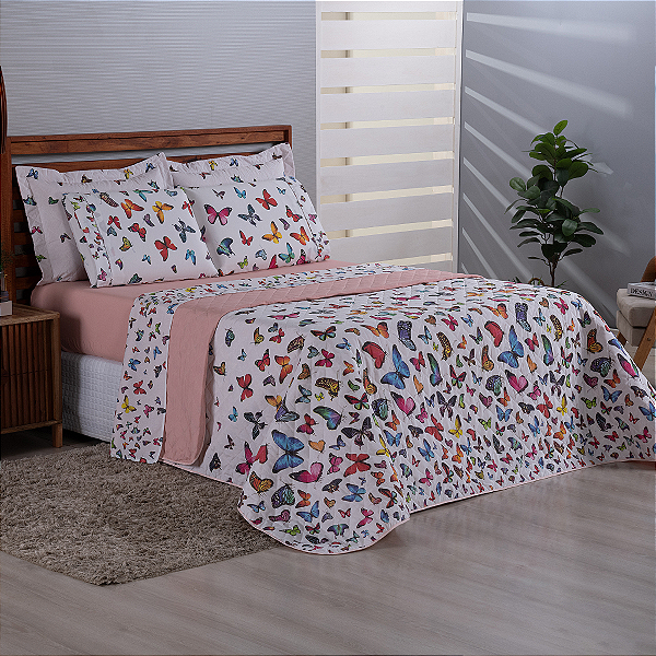 Cobre leito Casal Queen 03 Peças 100% Algodão Percal 180 fios Vivale Estampa - Borboletas