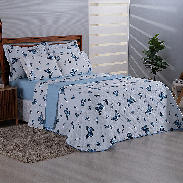 Cobre leito Casal Queen 03 Peças 100% Algodão Percal 180 fios Vivale Estampa - Borboletas Azul
