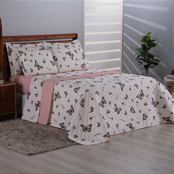 Cobre leito Casal Queen 03 Peças 100% Algodão Percal 180 fios Vivale Estampa - Borboletas Rosê