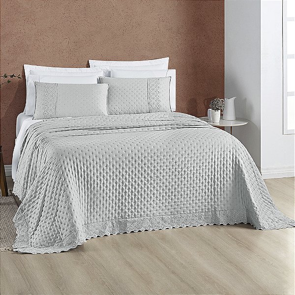 Cobre Leito Casal Padrão 03 Peças Dupla Face 200 Fios Bordado Inglês Nobless - Cinza Geada