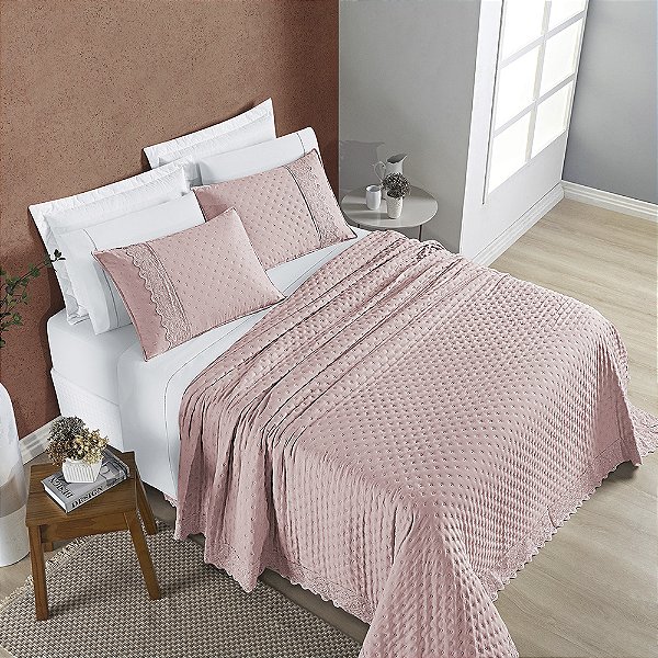 Cobre Leito Casal Padrão 03 Peças Dupla Face 200 Fios Bordado Inglês Nobless - Sal Rosa