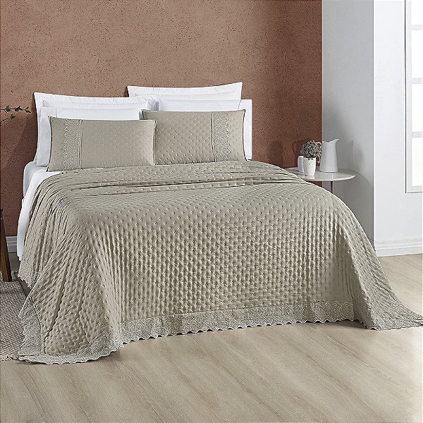 Cobre Leito Casal Padrão 03 Peças Dupla Face 200 Fios Bordado Inglês Nobless - Taupe