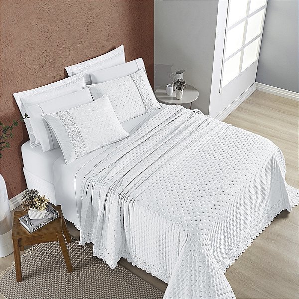 Cobre Leito Queen 03 Peças Dupla Face 200 Fios Bordado Inglês Nobless - Branco Neve