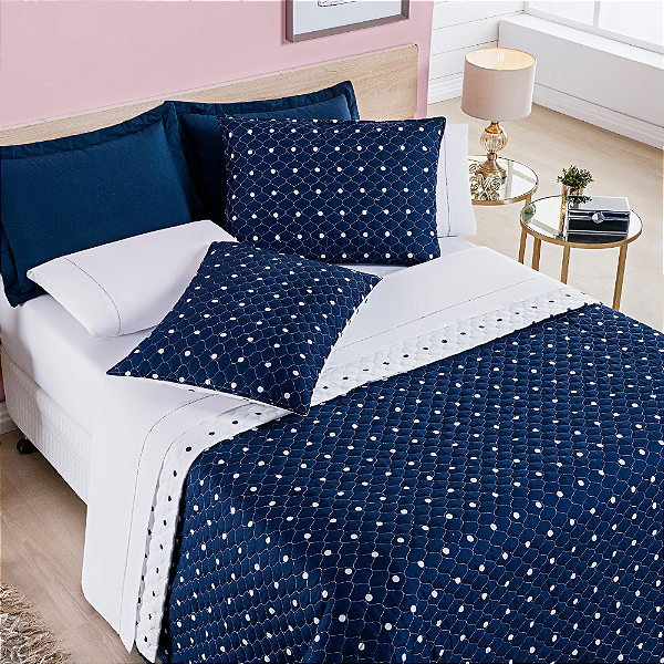 Cobre Leito Casal Padrão 03 Peças Dupla Face 200 Fios Estampado Petit Poá -  Marinho