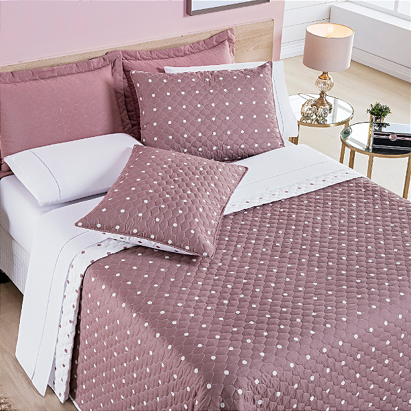 Cobre Leito Casal Padrão 03 Peças Dupla Face 200 Fios Estampado Petit Poá -  Rosê