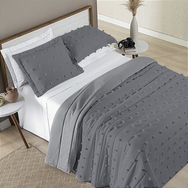 Cobre Leito King 03 peças Dupla Face 300 Fios com Pompom Poppy - Cinza