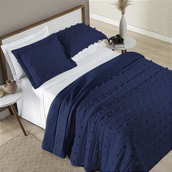 Cobre Leito Queen 03 peças Dupla Face 300 Fios com Pompom Poppy - Marinho