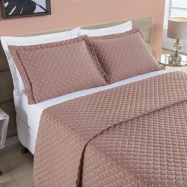 Cobre Leito Casal Padrão 03 Peças Dupla Face 200 Fios Bordado Ravena - Rosê