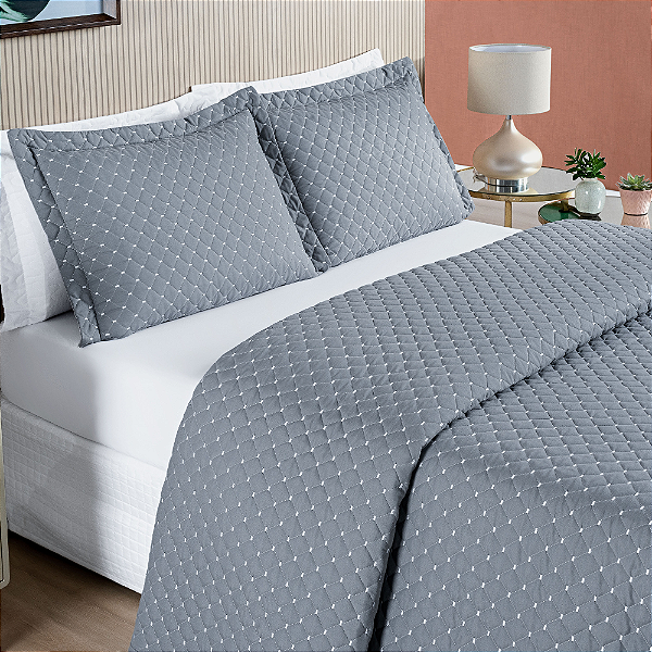 Cobre Leito King 03 Peças Dupla Face 200 Fios Bordado Ravena - Cinza