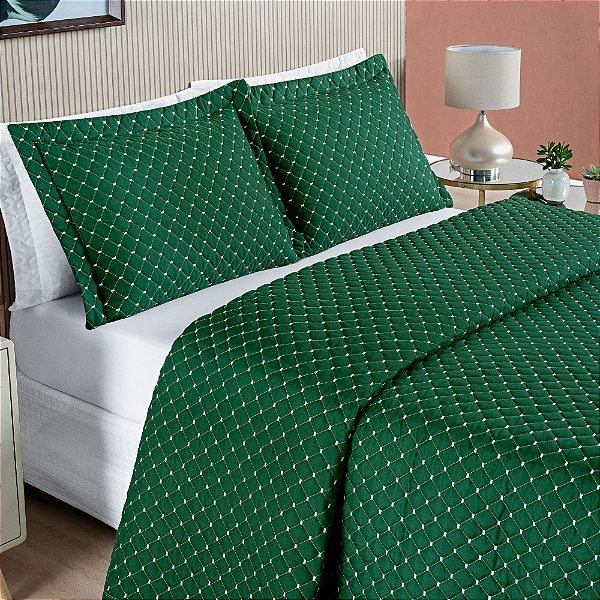 Cobre Leito King 03 Peças Dupla Face 200 Fios Bordado Ravena - Esmeralda