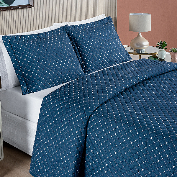 Cobre Leito Queen 03 Peças Dupla Face 200 Fios Bordado Ravena - Marinho