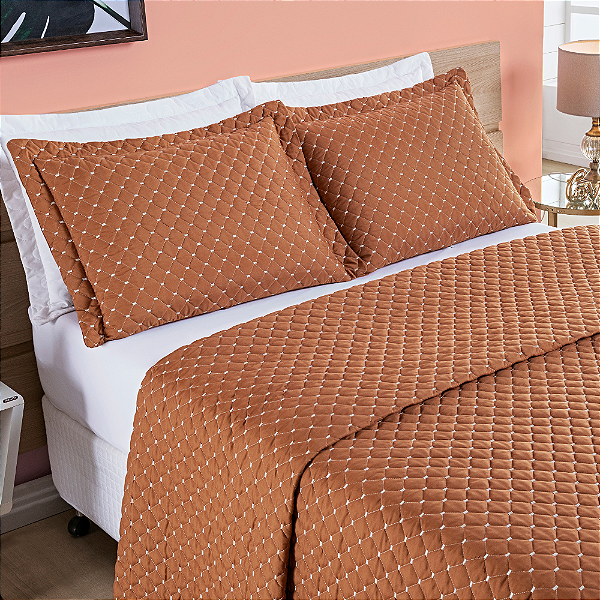 Cobre Leito Queen 03 Peças Dupla Face 200 Fios Bordado Ravena - Terracota
