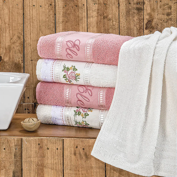 Jogo de banho 05 Peças 100% Algodão bordada Ponto Russo - Rosê/Palha