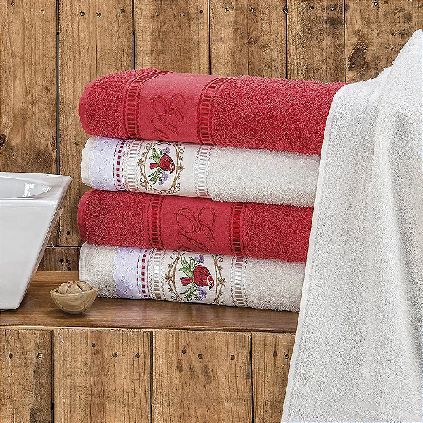 Jogo de banho 05 Peças 100% Algodão bordada Ponto Russo - Vermelho/Palha