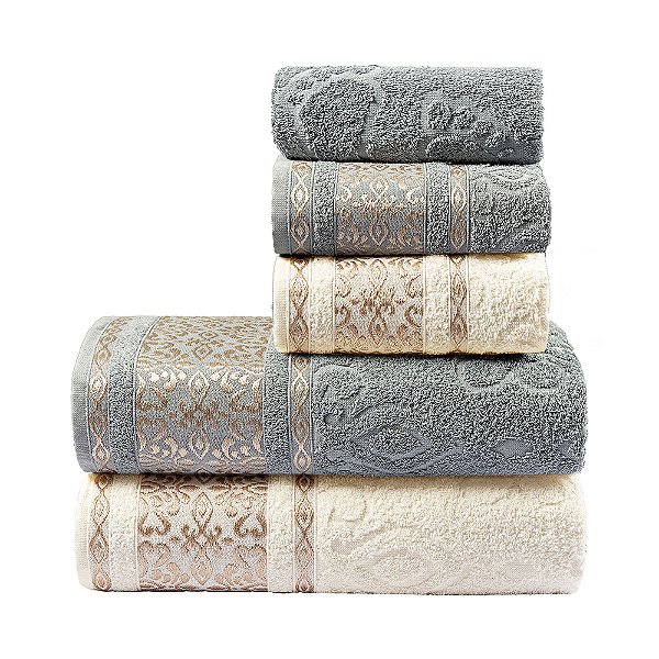 Jogo de banho 05 Peças 100% Algodão Toalha Felpuda Essence - Granito/Pérola