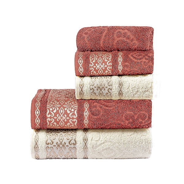 Jogo de banho 05 Peças 100% Algodão Toalha Felpuda Essence - Terracota/Pérola