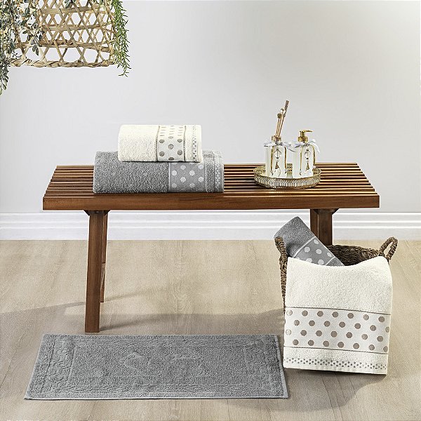 Jogo de banho 05 Peças 100% Algodão toalha Petit Poá - Granito/Pérola