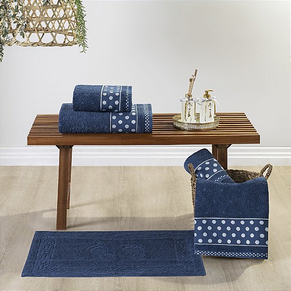 Jogo de banho 05 Peças 100% Algodão toalha Petit Poá - Marinho