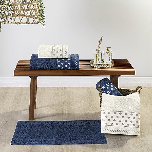 Jogo de banho 05 Peças 100% Algodão toalha Petit Poá - Marinho/Pérola