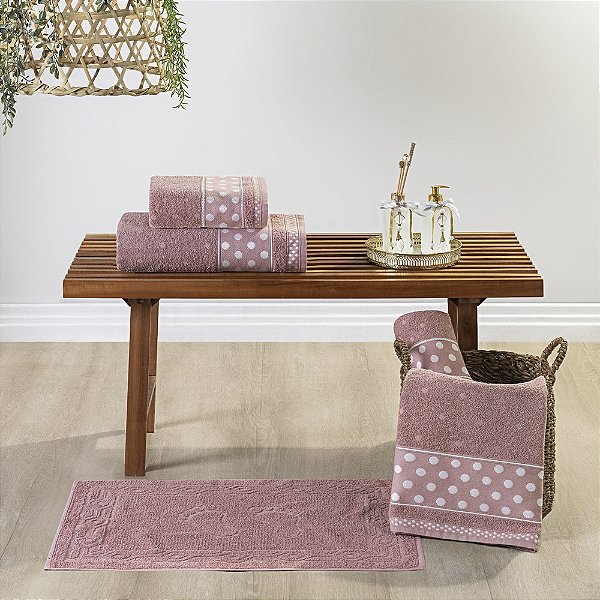 Jogo de banho 05 Peças 100% Algodão toalha Petit Poá - Rosa chá