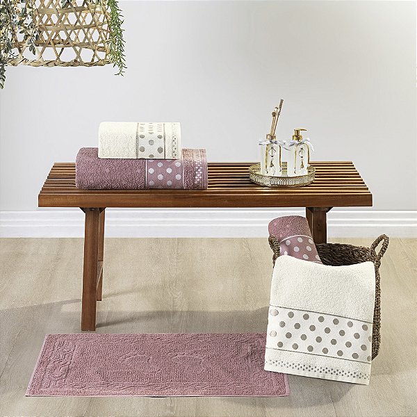 Jogo de banho 05 Peças 100% Algodão toalha Petit Poá - Rosa chá/Pérola