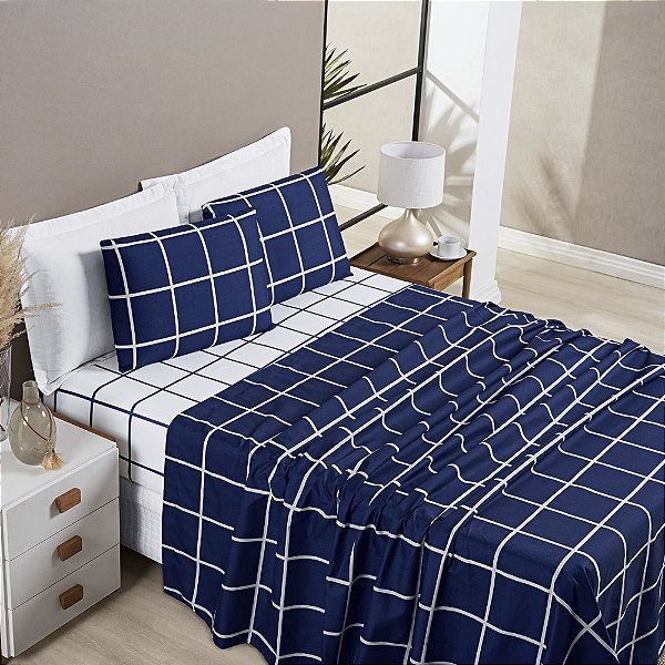 Jogo de cama Casal padrão 04 peças Micro Percal 200 Fios Austin Estampa - Marinho