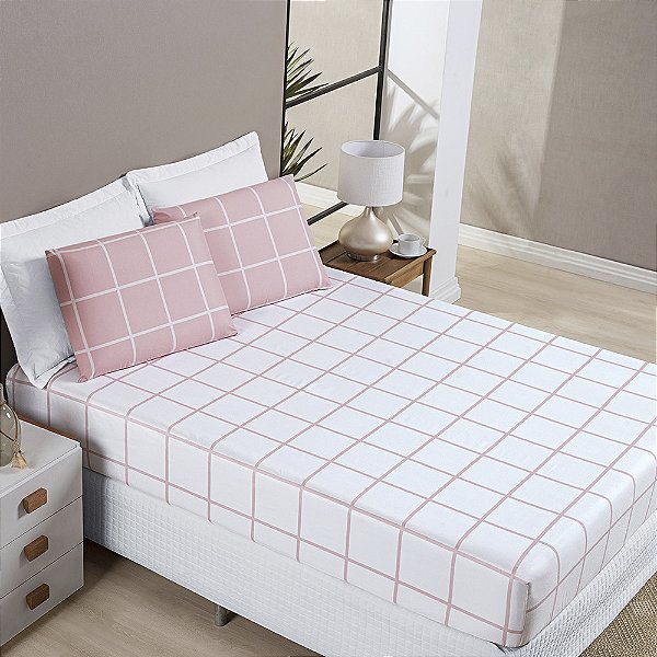 Jogo de cama Queen 03 peças Micro Percal 200 Fios Austin Estampa - Rosa