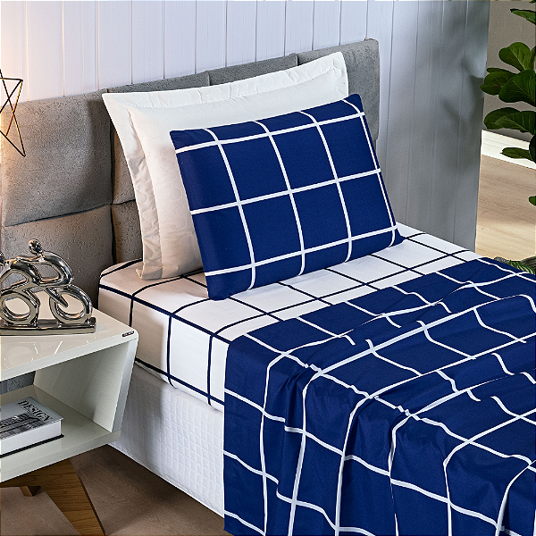 Jogo de cama Solteiro 03 peças Micro Percal 200 Fios Austin Estampa - Marinho